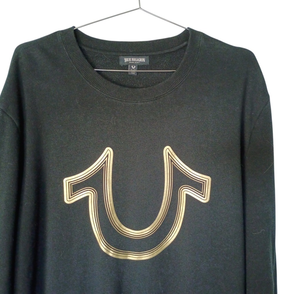 True Religion Men's XL Black Gold Horseshoe Pullover Hoodie Sweatshirt Gold Logo - Picture 3 of 10